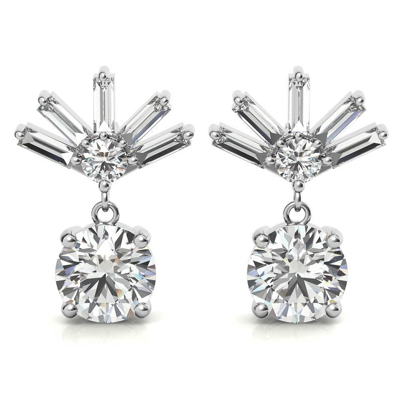 Baguette Accented Round Moissanite Drop Earrings
