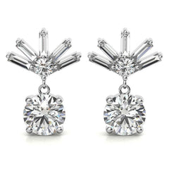 Baguette Accented Round Moissanite Drop Earrings