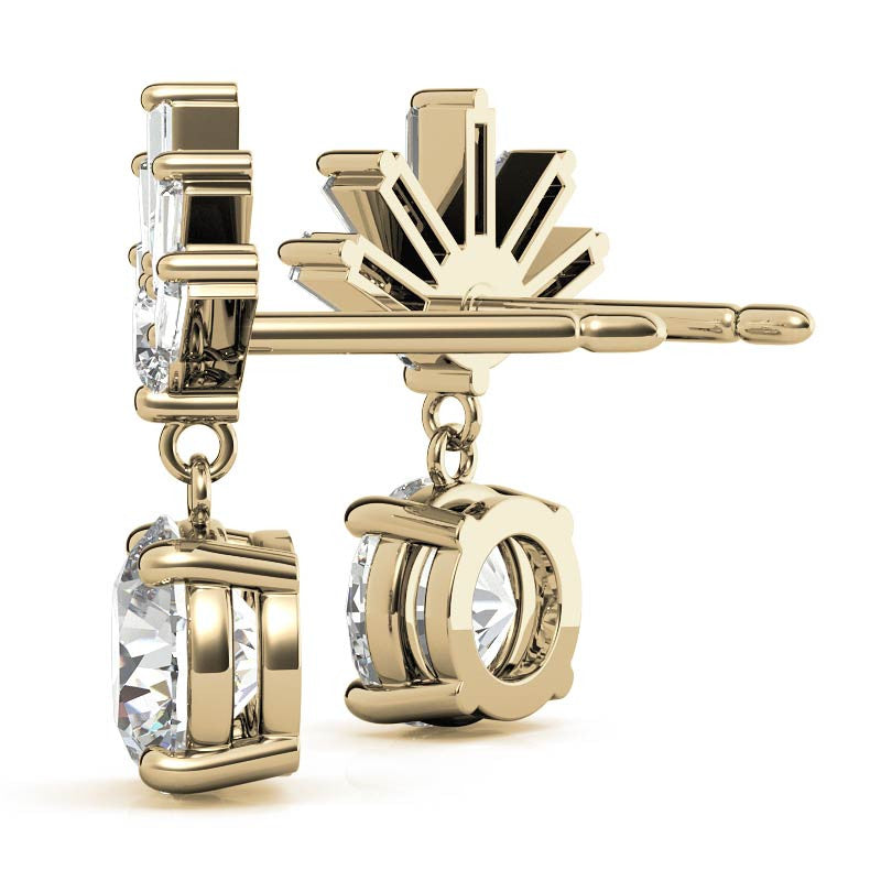 Baguette Accented Round Moissanite Drop Earrings
