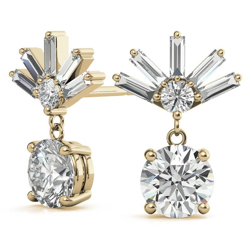Baguette Accented Round Moissanite Drop Earrings