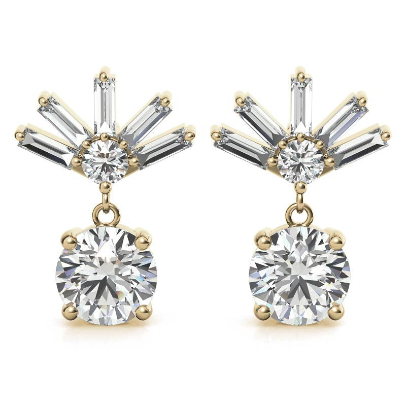 Baguette Accented Round Moissanite Drop Earrings