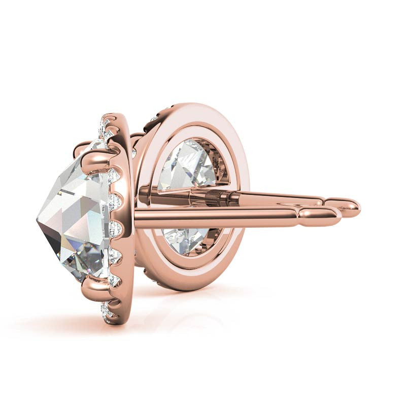 Round Rose Cut Halo Moissanite Stud Earrings