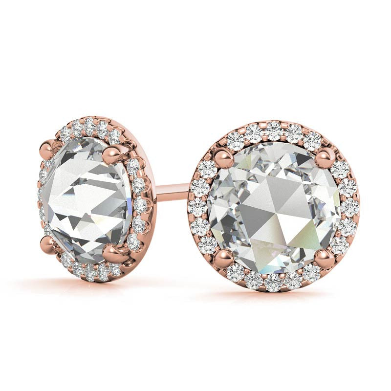 Round Rose Cut Halo Moissanite Stud Earrings