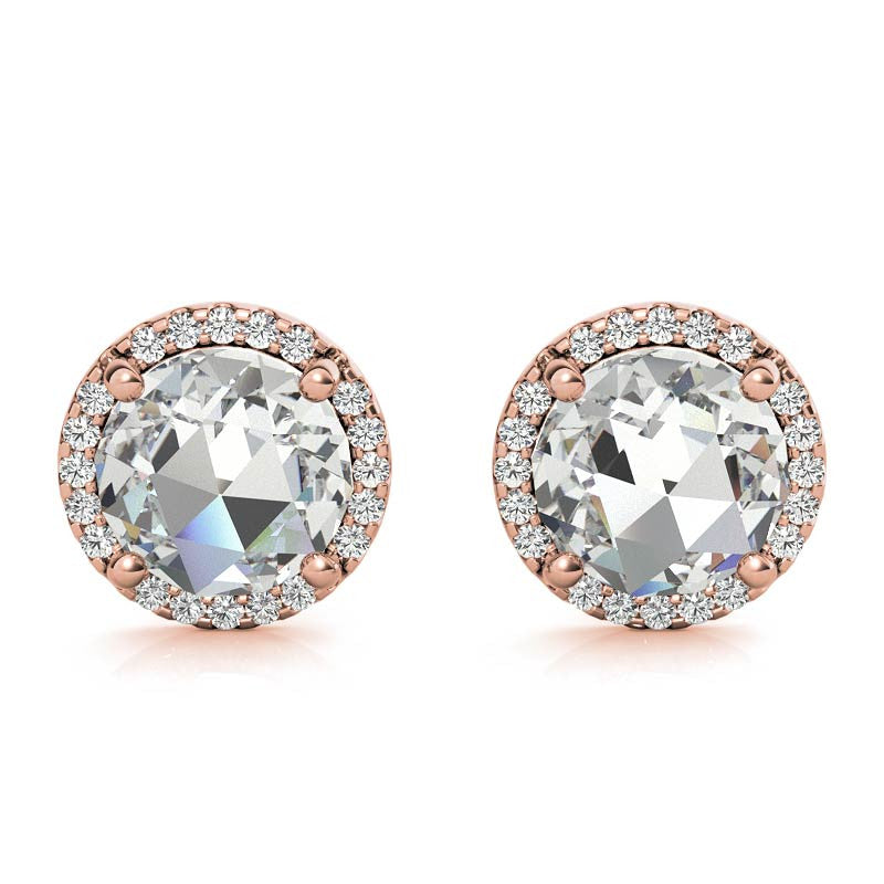 Round Rose Cut Halo Moissanite Stud Earrings