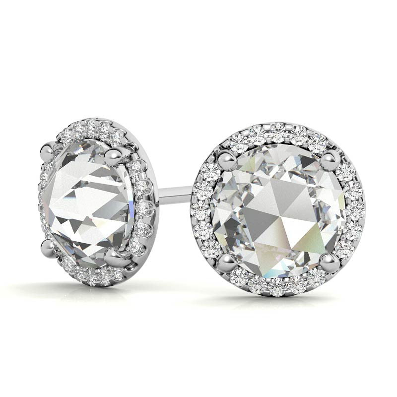 Round Rose Cut Halo Moissanite Stud Earrings