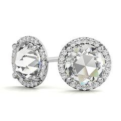 Round Rose Cut Halo Moissanite Stud Earrings