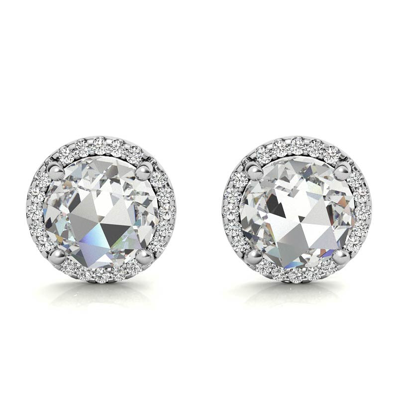 Round Rose Cut Halo Moissanite Stud Earrings
