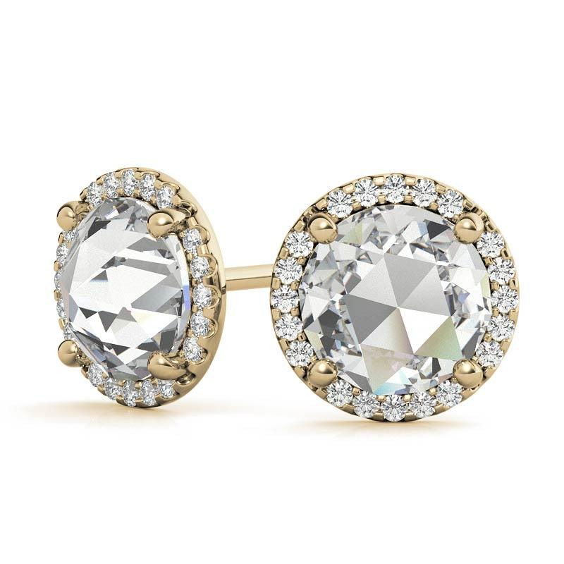 Round Rose Cut Halo Moissanite Stud Earrings
