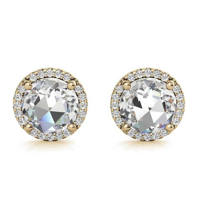Round Rose Cut Halo Moissanite Stud Earrings
