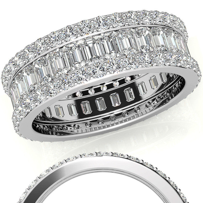 Round and Baguette Moissanite Triple Row Wide Eternity Ring