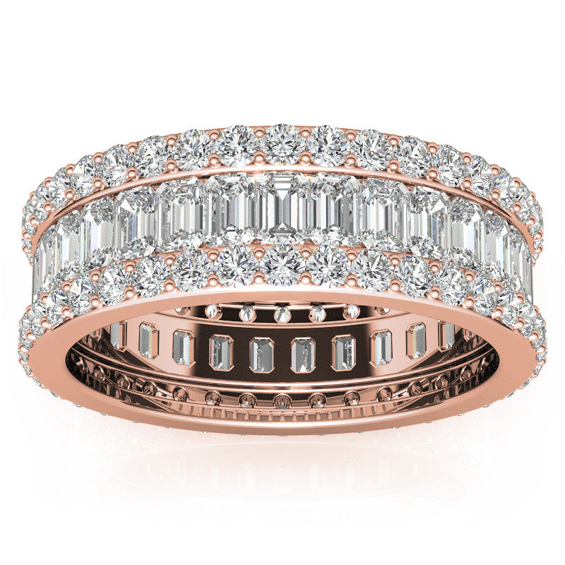 Round and Baguette Moissanite Triple Row Wide Eternity Ring