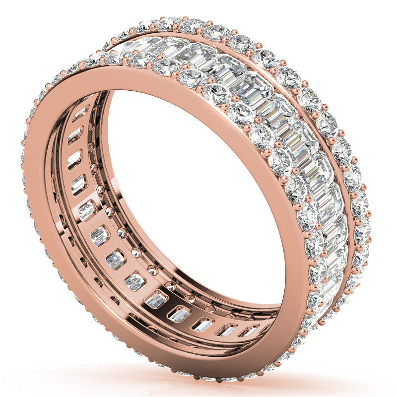 Round and Baguette Moissanite Triple Row Wide Eternity Ring
