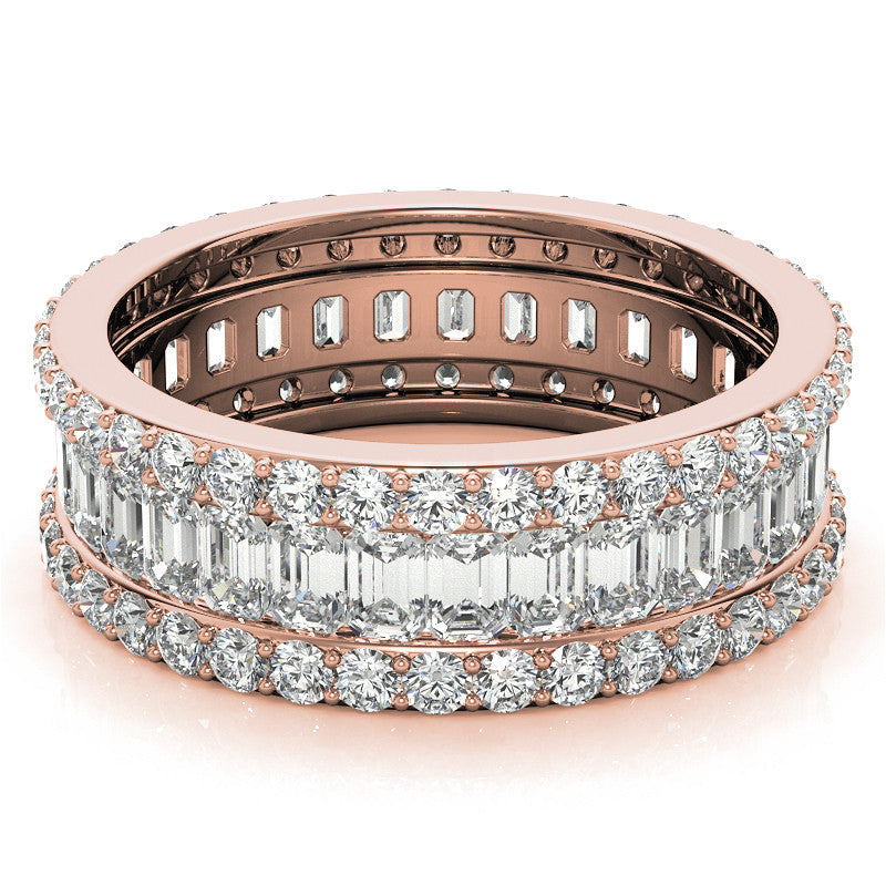 Round and Baguette Moissanite Triple Row Wide Eternity Ring