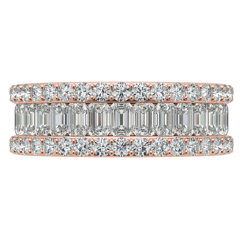 Round and Baguette Moissanite Triple Row Wide Eternity Ring