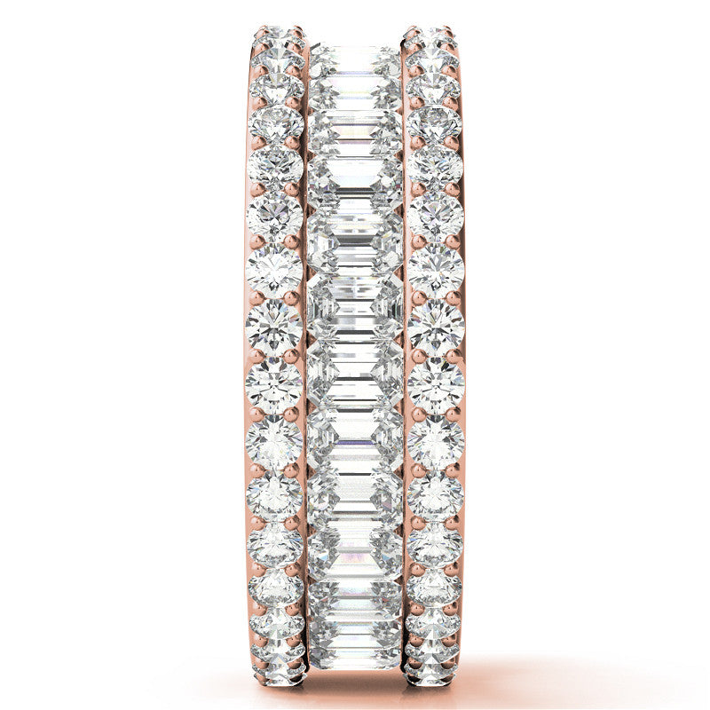 Round and Baguette Moissanite Triple Row Wide Eternity Ring