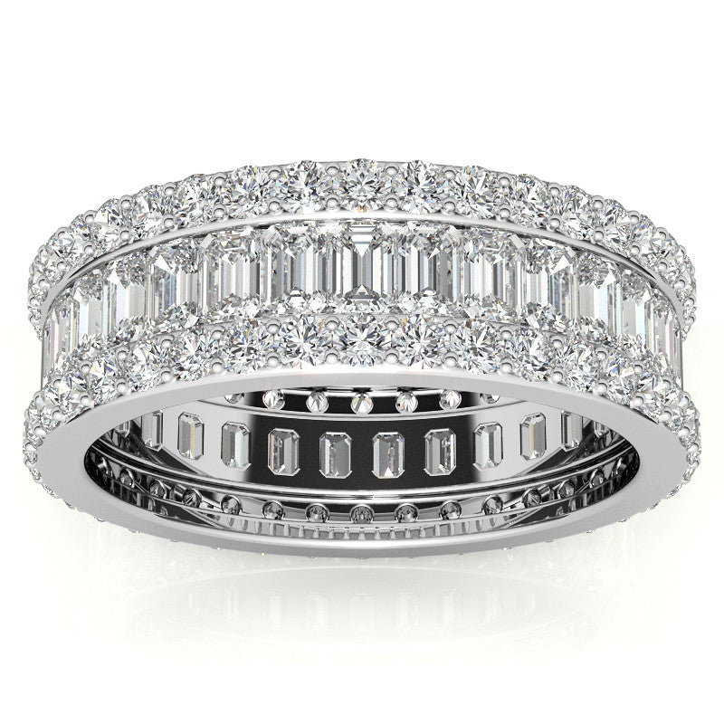 Round and Baguette Moissanite Triple Row Wide Eternity Ring