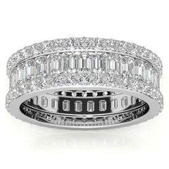 Round and Baguette Moissanite Triple Row Wide Eternity Ring