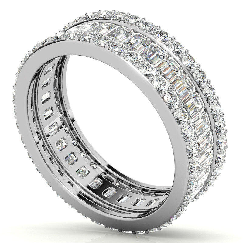 Round and Baguette Moissanite Triple Row Wide Eternity Ring