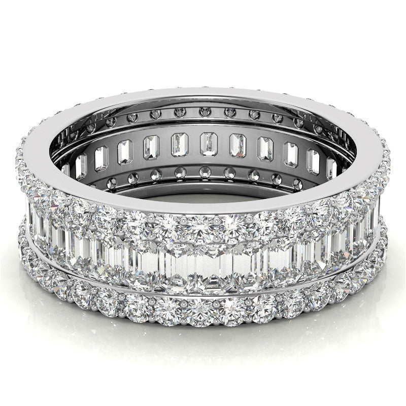 Round and Baguette Moissanite Triple Row Wide Eternity Ring