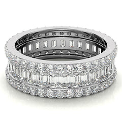 Round and Baguette Moissanite Triple Row Wide Eternity Ring