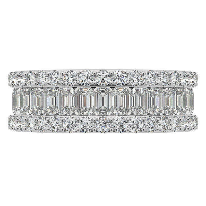 Round and Baguette Moissanite Triple Row Wide Eternity Ring