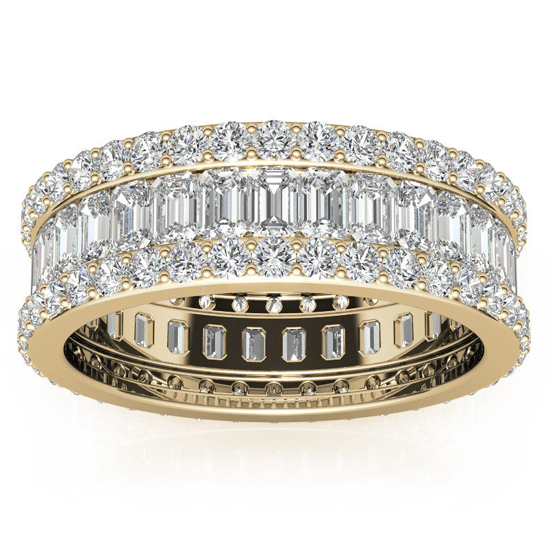 Round and Baguette Moissanite Triple Row Wide Eternity Ring