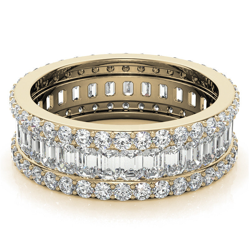 Round and Baguette Moissanite Triple Row Wide Eternity Ring