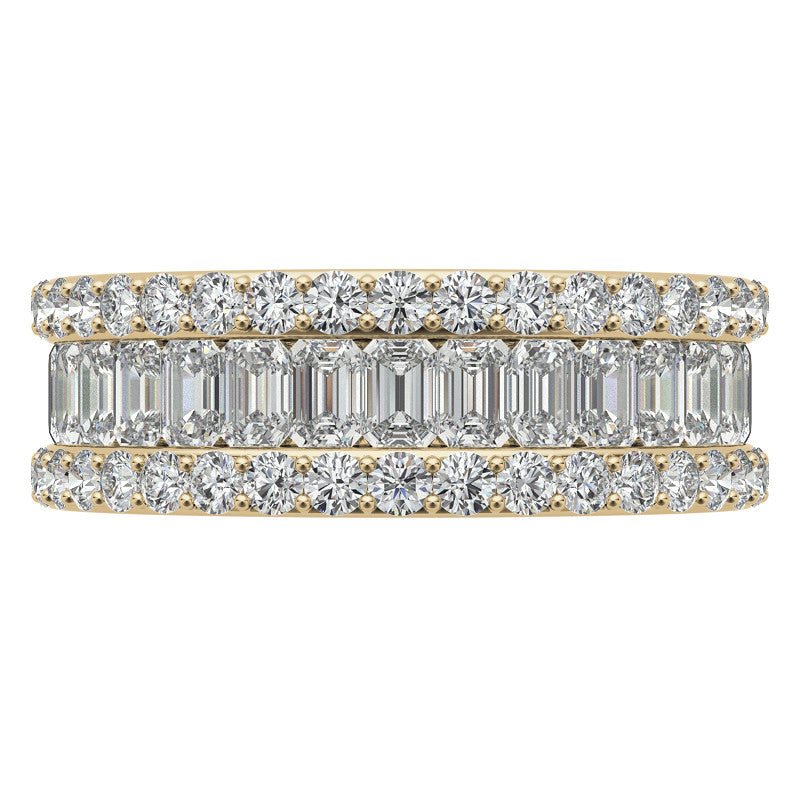 Round and Baguette Moissanite Triple Row Wide Eternity Ring