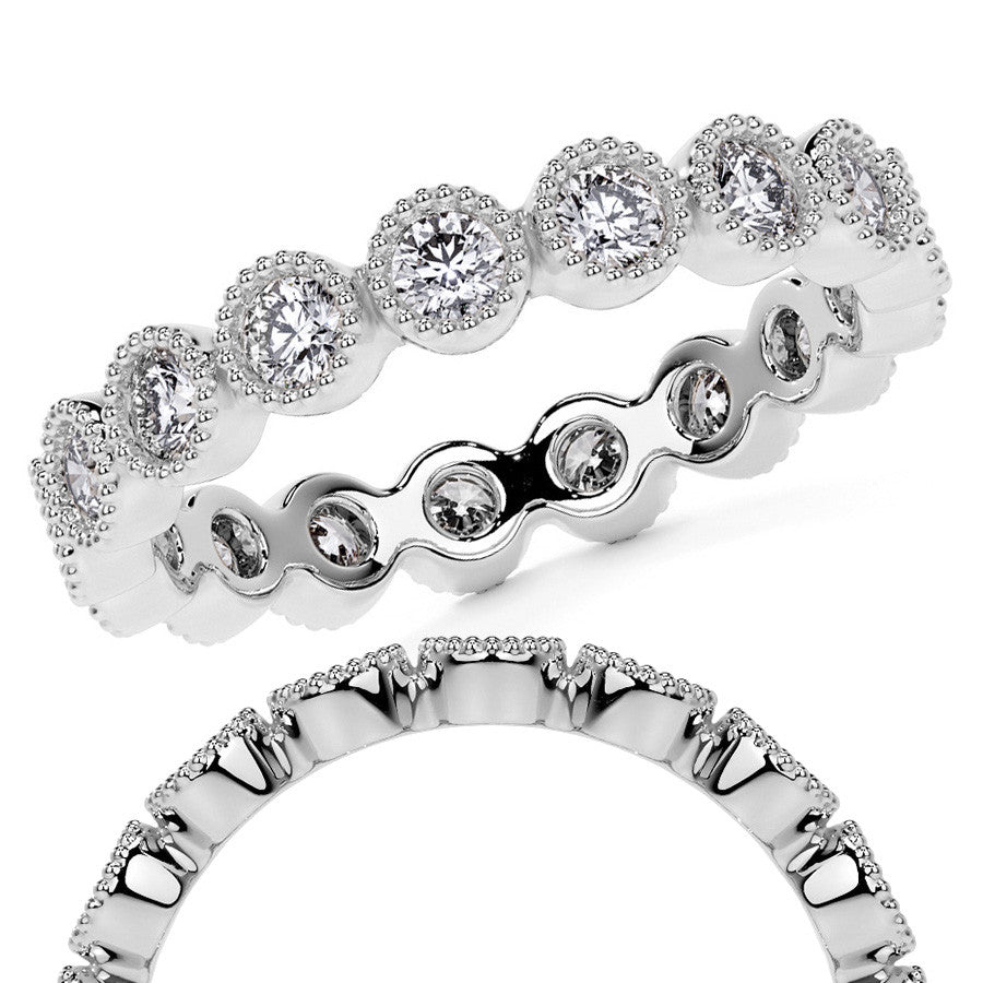 Round Brilliant Bezel Setting with Milgrain Moissanite Eternity Ring 0.8ct - 1.0ct