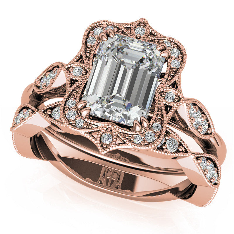 Antique Vintage Style Halo Emerald / Radiant Moissanite Engagement Ring