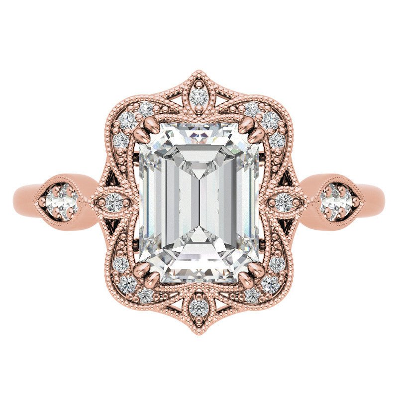Antique Vintage Style Halo Emerald / Radiant Moissanite Engagement Ring