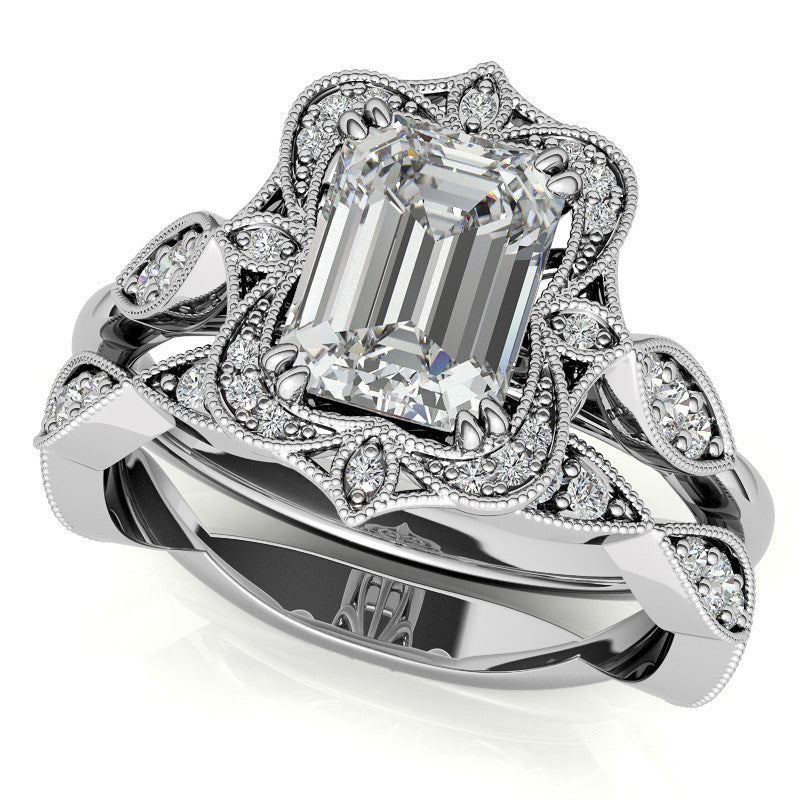 Antique Vintage Style Halo Emerald / Radiant Moissanite Engagement Ring