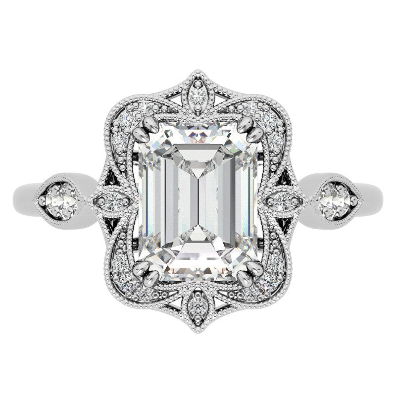 Antique Vintage Style Halo Emerald / Radiant Moissanite Engagement Ring