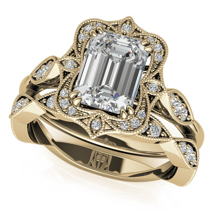 Antique Vintage Style Halo Emerald / Radiant Moissanite Engagement Ring