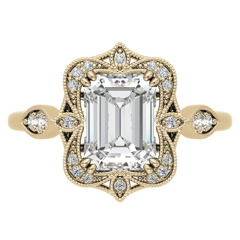 Antique Vintage Style Halo Emerald / Radiant Moissanite Engagement Ring