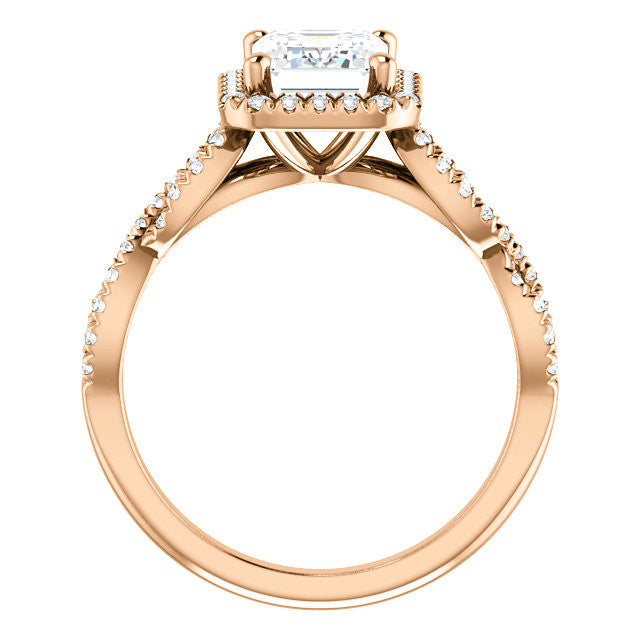 Emerald / Radiant Moissanite Halo Engagement Ring with Twisted Ban