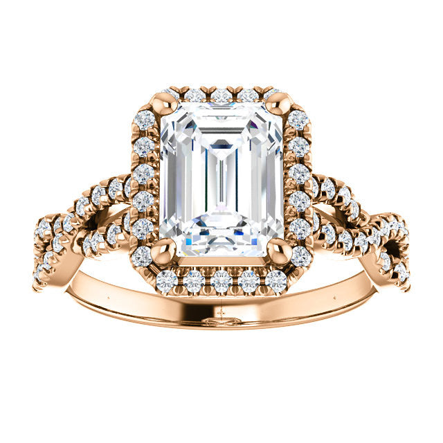 Emerald / Radiant Moissanite Halo Engagement Ring with Twisted Ban