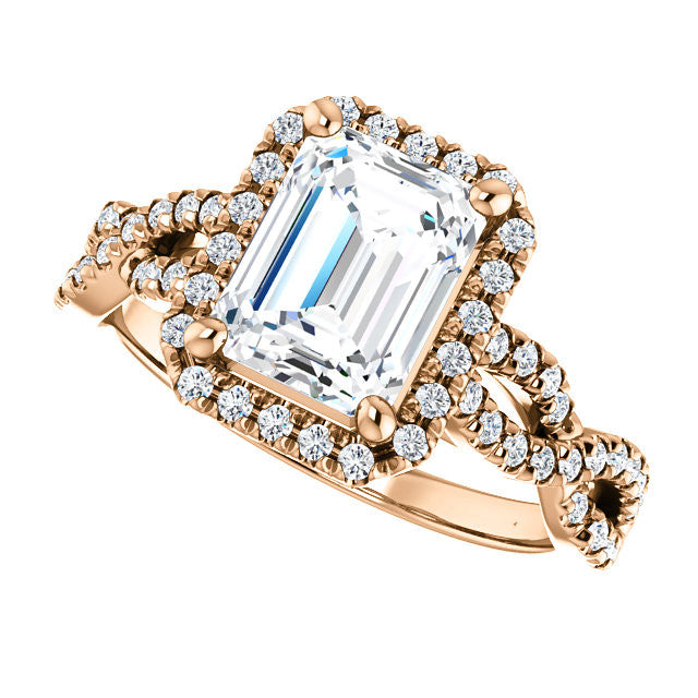 Emerald / Radiant Moissanite Halo Engagement Ring with Twisted Ban
