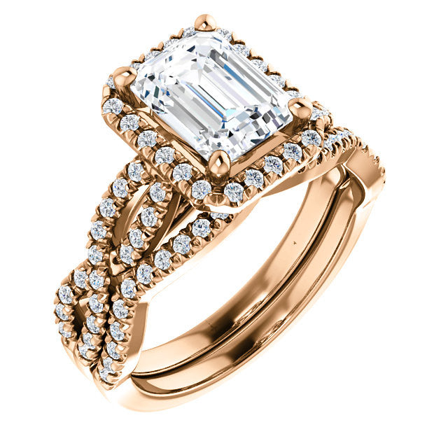 Emerald / Radiant Moissanite Halo Engagement Ring with Twisted Ban