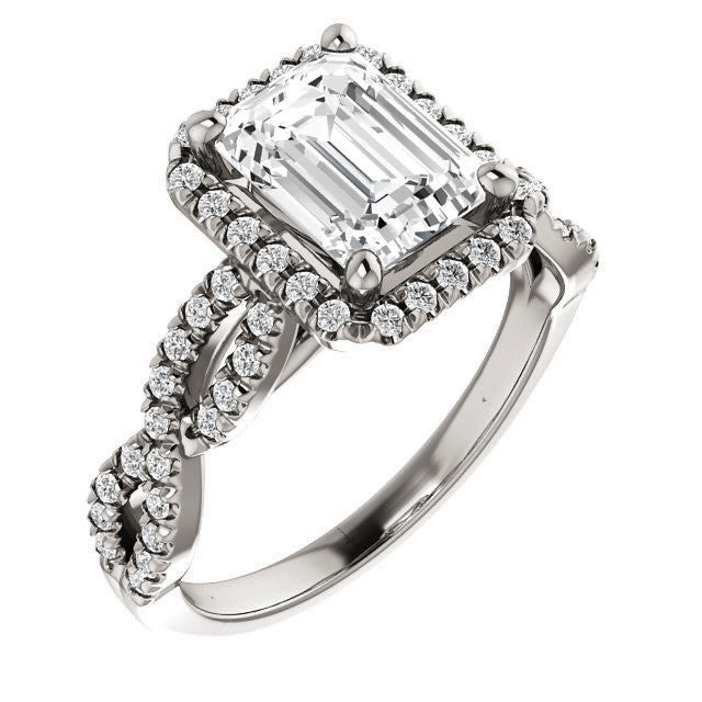 Emerald / Radiant Moissanite Halo Engagement Ring with Twisted Ban