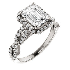 Emerald / Radiant Moissanite Halo Engagement Ring with Twisted Ban