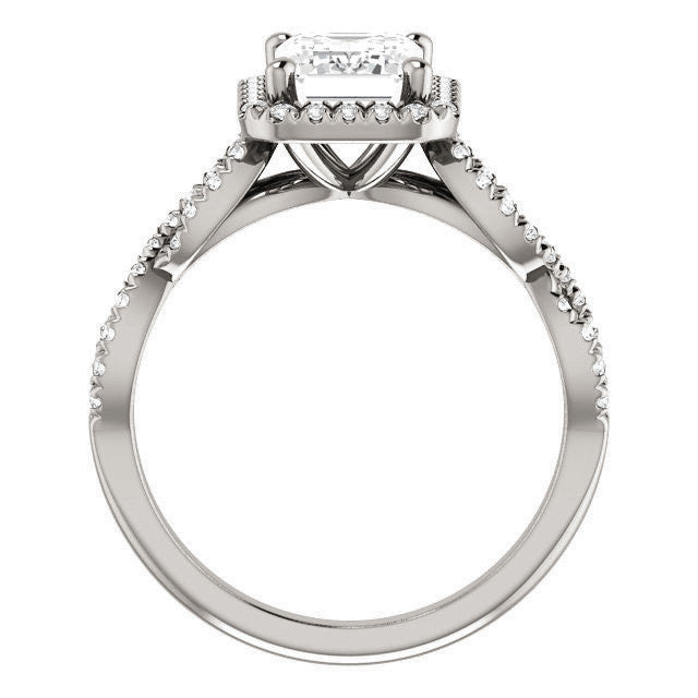 Emerald / Radiant Moissanite Halo Engagement Ring with Twisted Ban