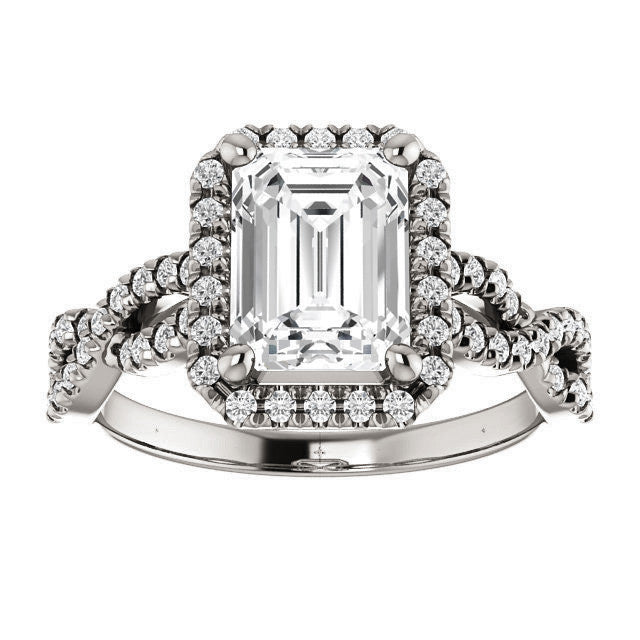 Emerald / Radiant Moissanite Halo Engagement Ring with Twisted Ban