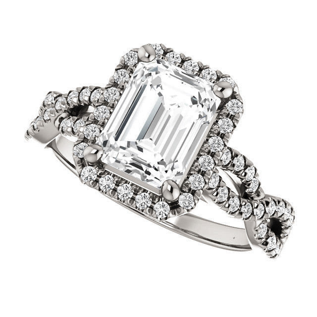 Emerald / Radiant Moissanite Halo Engagement Ring with Twisted Ban