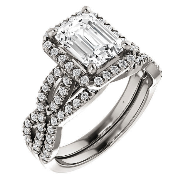 Emerald / Radiant Moissanite Halo Engagement Ring with Twisted Ban