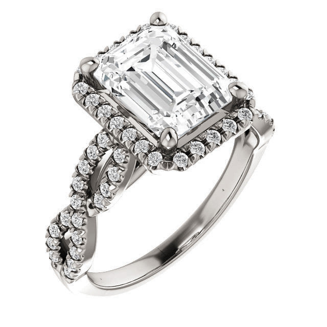 Emerald / Radiant Moissanite Halo Engagement Ring with Twisted Ban