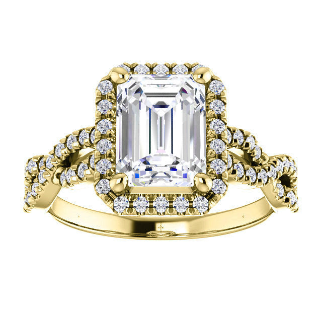 Emerald / Radiant Moissanite Halo Engagement Ring with Twisted Ban