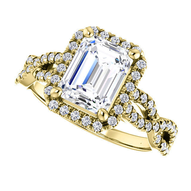 Emerald / Radiant Moissanite Halo Engagement Ring with Twisted Ban