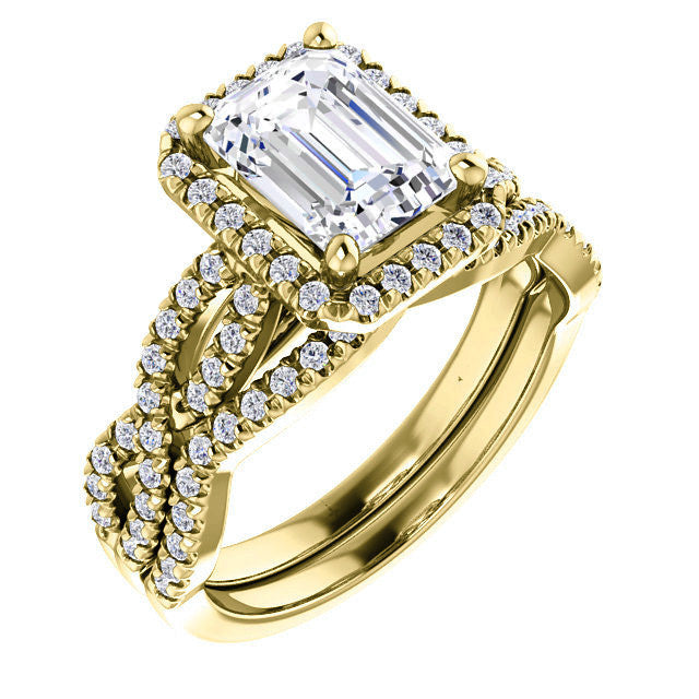 Emerald / Radiant Moissanite Halo Engagement Ring with Twisted Ban