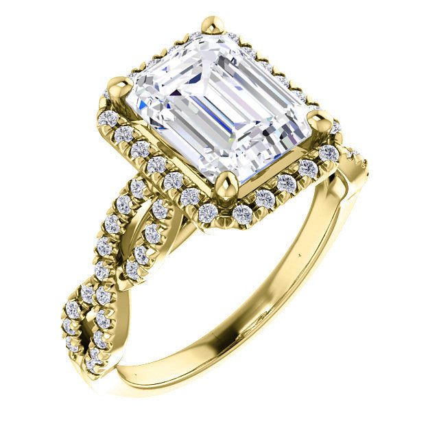 Emerald / Radiant Moissanite Halo Engagement Ring with Twisted Ban